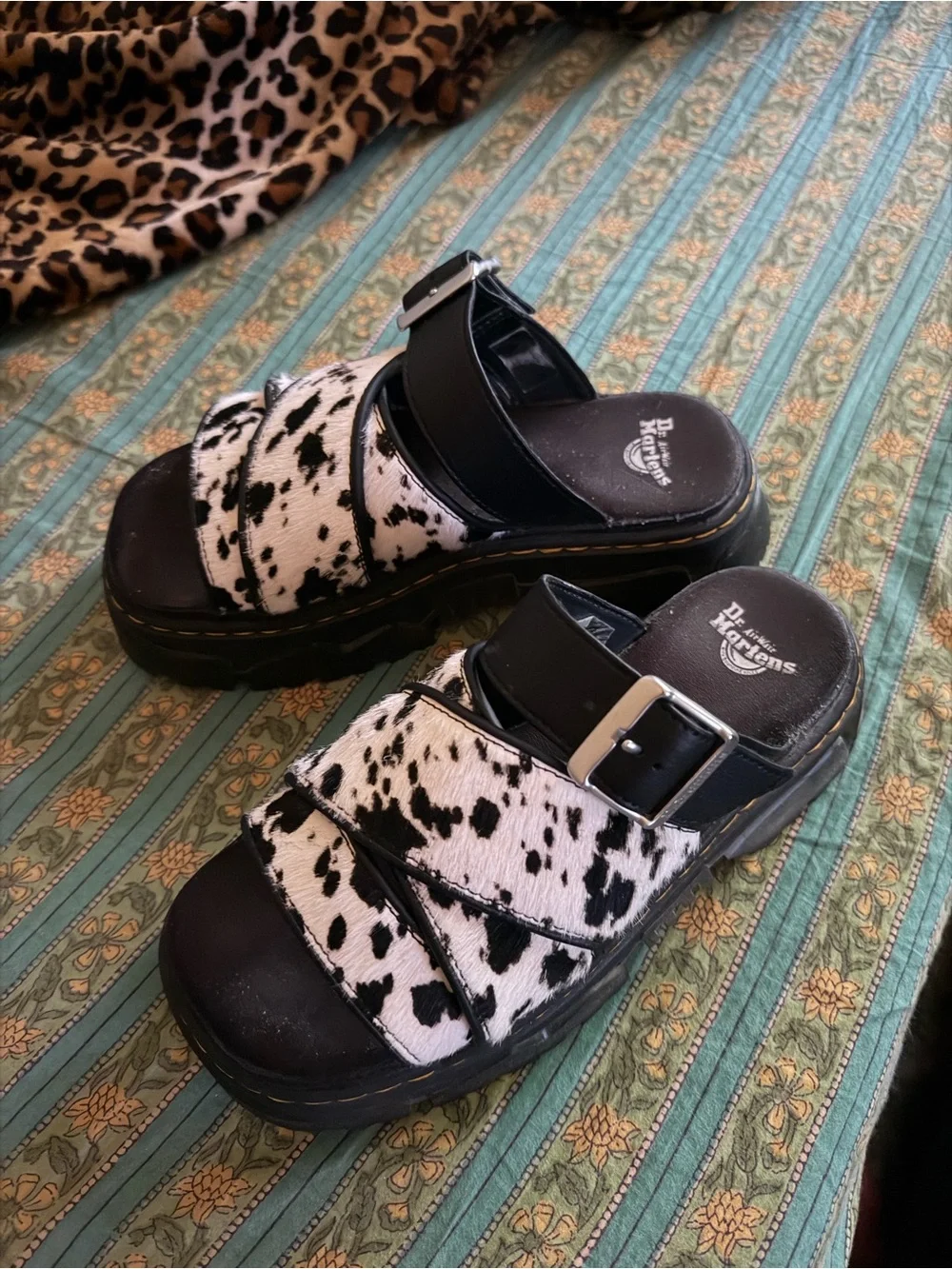 Dr. Martens Lladies Black & White Cow Print Platform Leather Slide Sandals